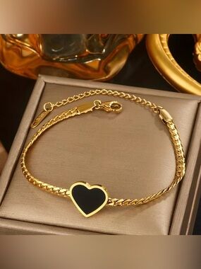 Gold Heart Bracelet with Black Enamel Center - Women's Jewelry
